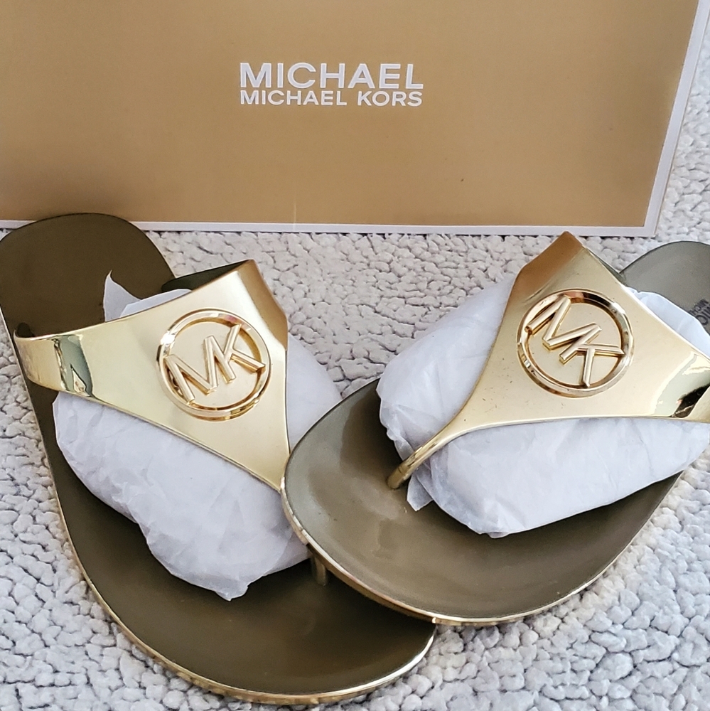 Michael Kors Lillie Jelly Thong Flip Flops Gold Metallic Sz 9